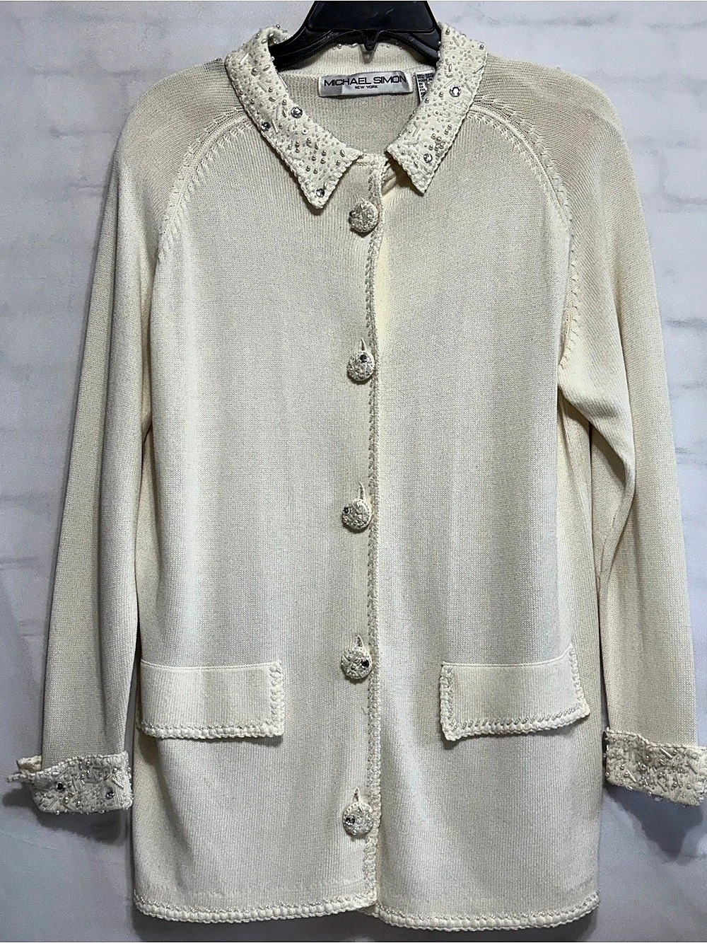 Michael Simon Cream/ White Beaded Embellished Cardigan Size 2, Hol